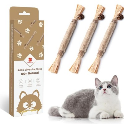 Natural Silvervine Sticks for Cats - 3 Pack Catnip Chew Toys & Dental Care Treat