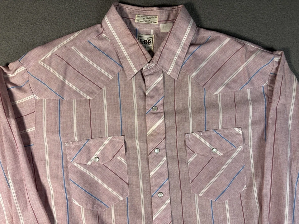 Camisa Western LEE Vintage Años 70’s Perla A Presión Manga Larga Hombre’s XL Rayas Rosa Foto 3 de 4