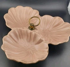 Vintage Pinkish Gold  Shell Petal Dish  Midcentury Relish Tidbit Handle USA