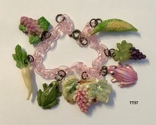 Pink & Green DELIGHT Whimsical Fruit & Vegetable Group  Celluloid Charm BRACELET
