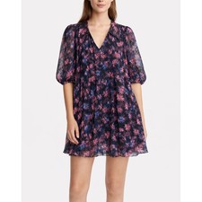 GANNI Floral Pleated Mini Dress Puff Sleeve Sheer Overlay EU 32 US 0 Scandi Chic