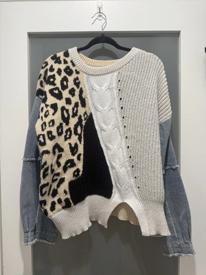 Patchwork Leopard Print Cable Knit Denim Sleeve Multicolor Sweater L