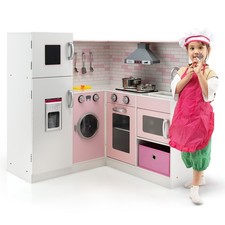 Play Kitchen Wooden Toy Set w/Sound Light, Ice Maker,Cookware,Apron for Age 3