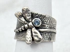 DIDAE 925 Sterling Silver Vintage Israel Dragonfly Hammered Blue Topaz Ring