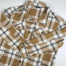 Plaid Shacket Jacket Women's Medium Button Down Long Sleeve Tan Gray White- M