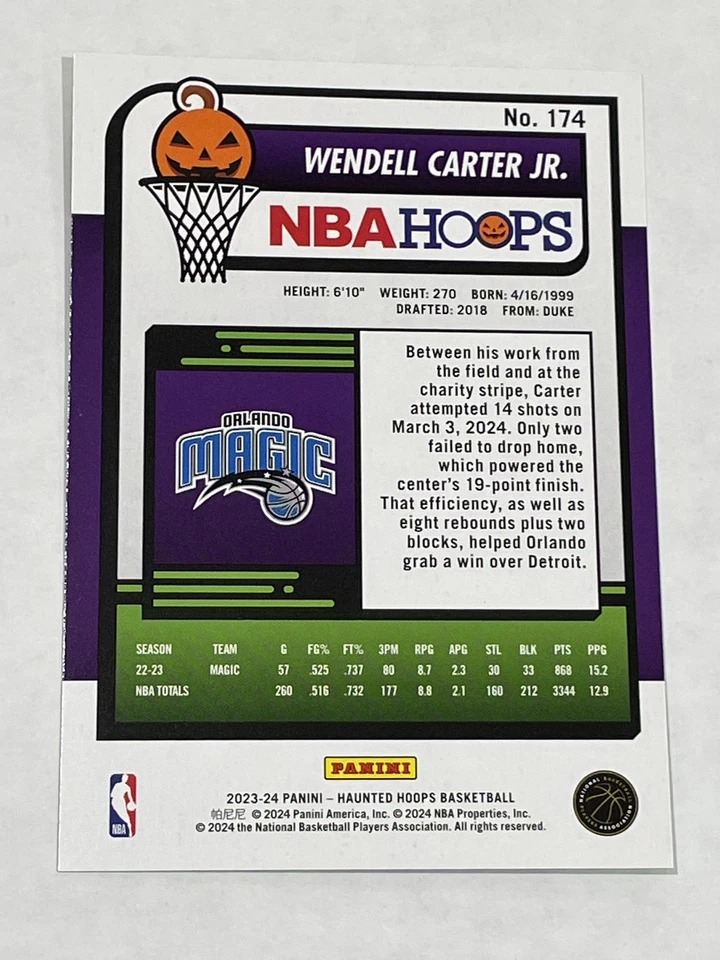 2023-24 Hoops Haunted Hoops Basketball Slime #174 - Wendell Carter Jr. - Magic - Image 2 of 2