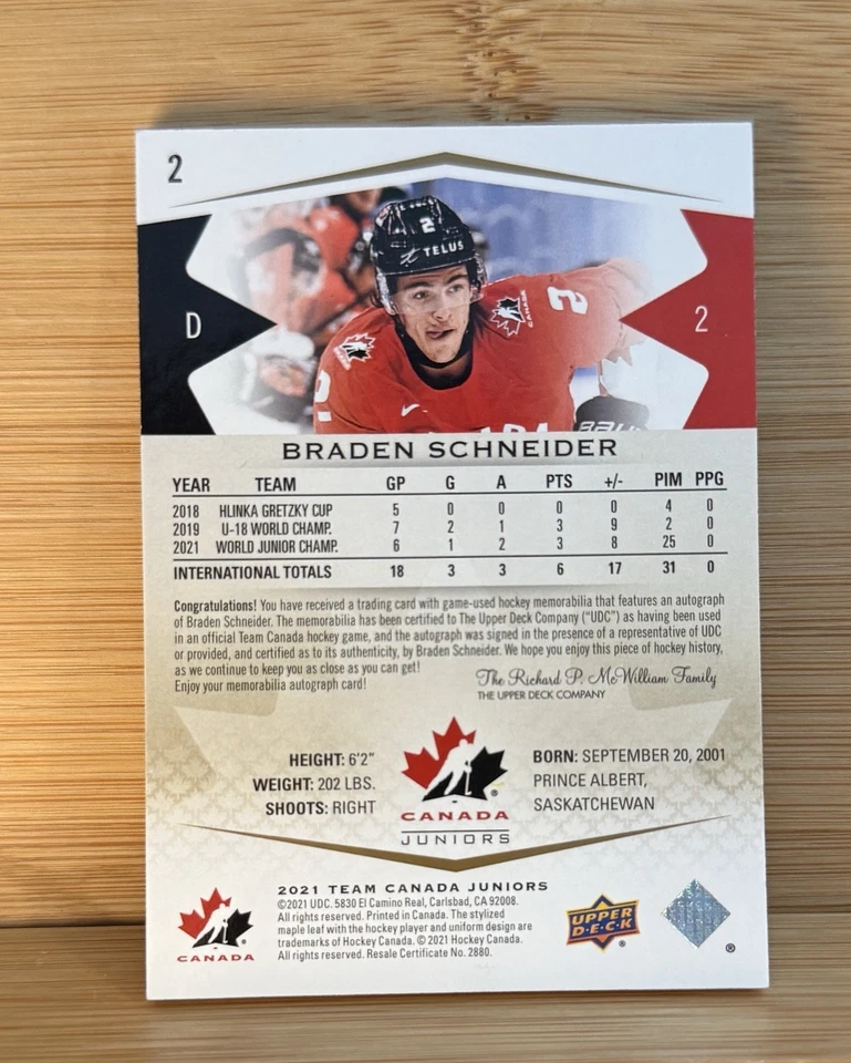 2021 UPPER DECK TEAM CANADA JUNIORS #2 BRADEN SCHNEIDER PREMIUM AUTO PATCH /199 - Image 2 of 2