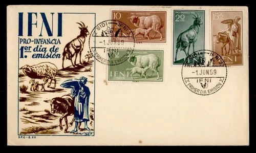 DR WHO 1959 SPANISH IFNI FDC PRO INFANCIA ANIMAL SEMI POST COMBO R28776