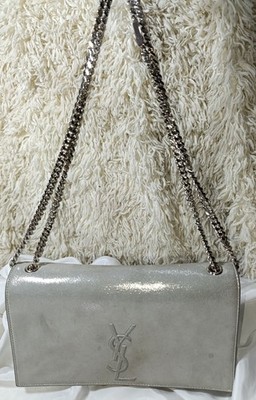 YSL Authentic Silver Glimmer Embossed Monogram Shoulder Bag