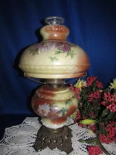 ANTIQUE GWTW PARLOR MILK GLASS HAND PAINTED ELECTRIFIED OIL TABLE LAMP 18 1/2"
