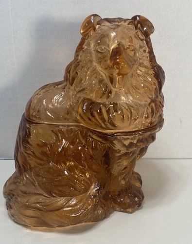 Vintage Amber Depression Glass Collie Dog Covered Candy Dish/Jar