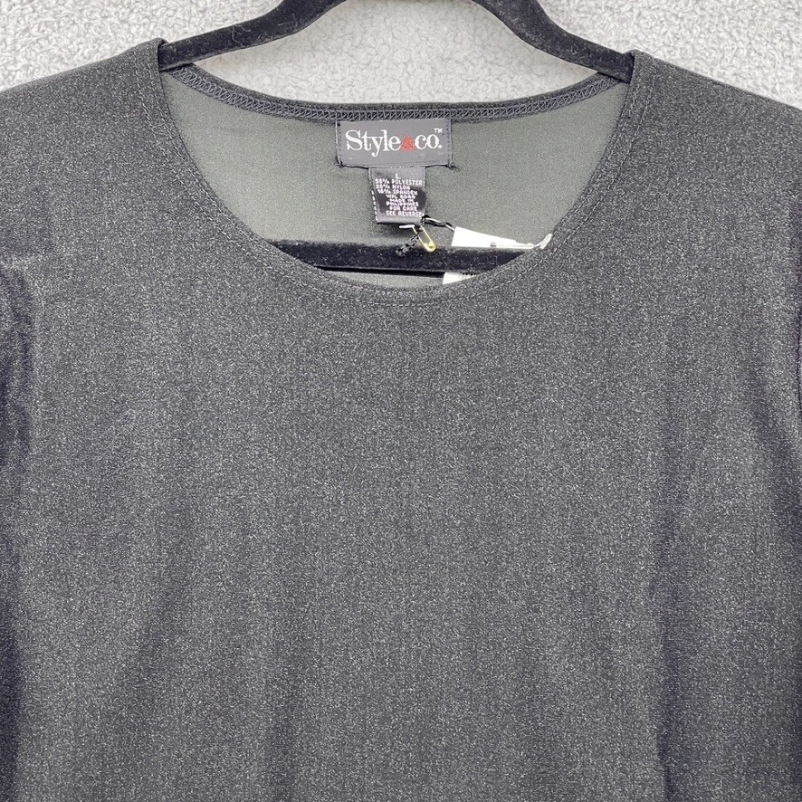 Style Co Womens T-Shirt Black Satin Short Sleeve Crew Neck Size L