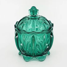 VTG 90s Fenton Spruce Green Cactus/Agave Pattern Glass Candy/Biscuit Jar w/ Lid