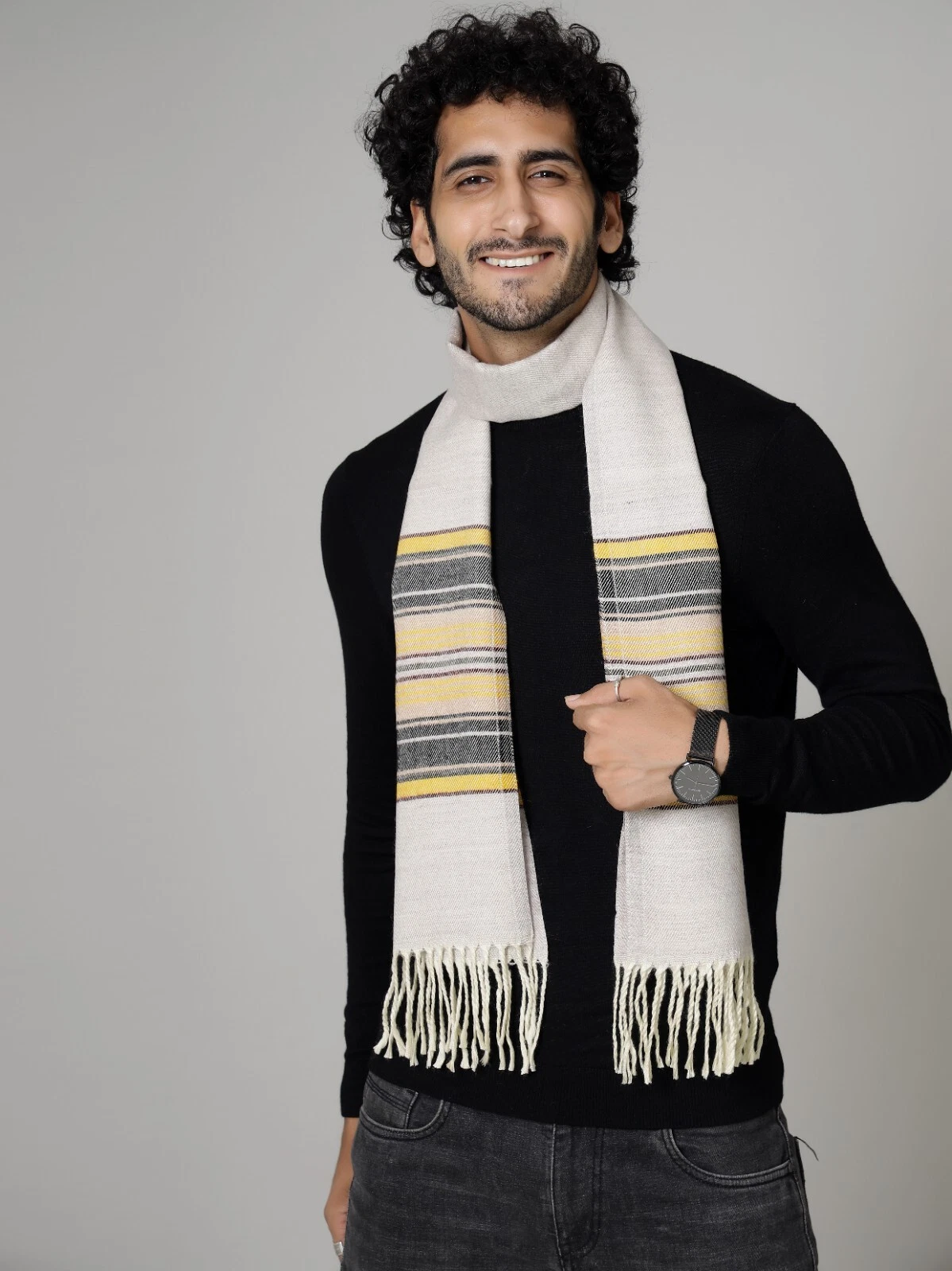 Men Women 100% CASHMERE SCARF Made in India Soft Wool Wrap Stripe Purple & Grey