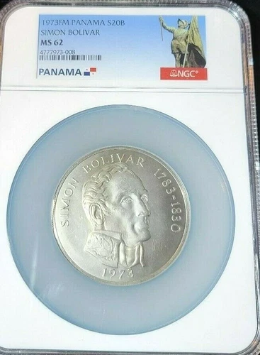 1973 PANAMA SILVER 20 BALBOAS SIMON BOLIVAR NGC MS 62 BEAUTIFUL COIN