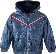 NWT Tommy Hilfiger Little Girls Navy Hooded Metallic Jacket Faux Fur Sz 5