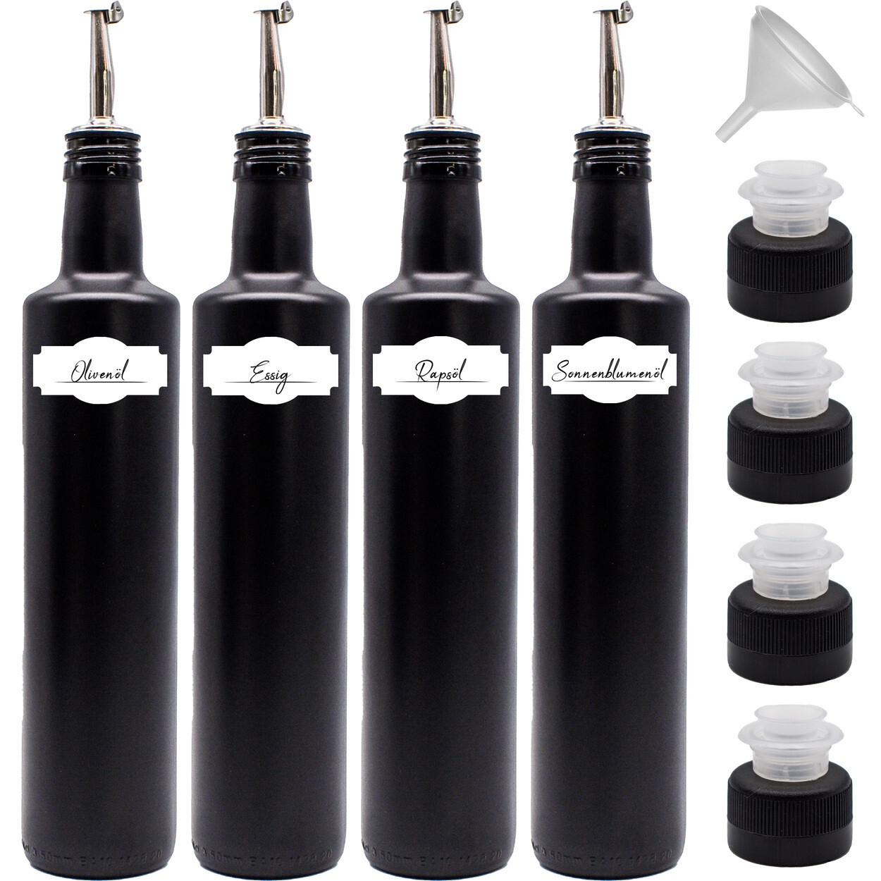Ölflasche mit Ausgießer zum befüllen inkl. Deckel Trichter wasserfeste Etiketten