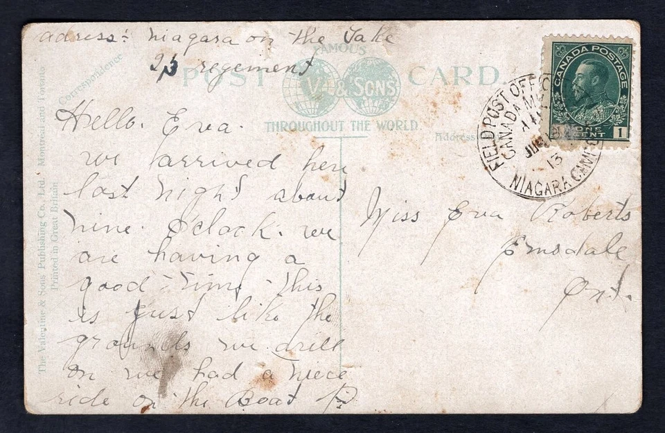 Canada Military 1913 NIAGARA OTL Militia Camp FPO on Infantry Postcard. Emsdale - Image 2 of 3