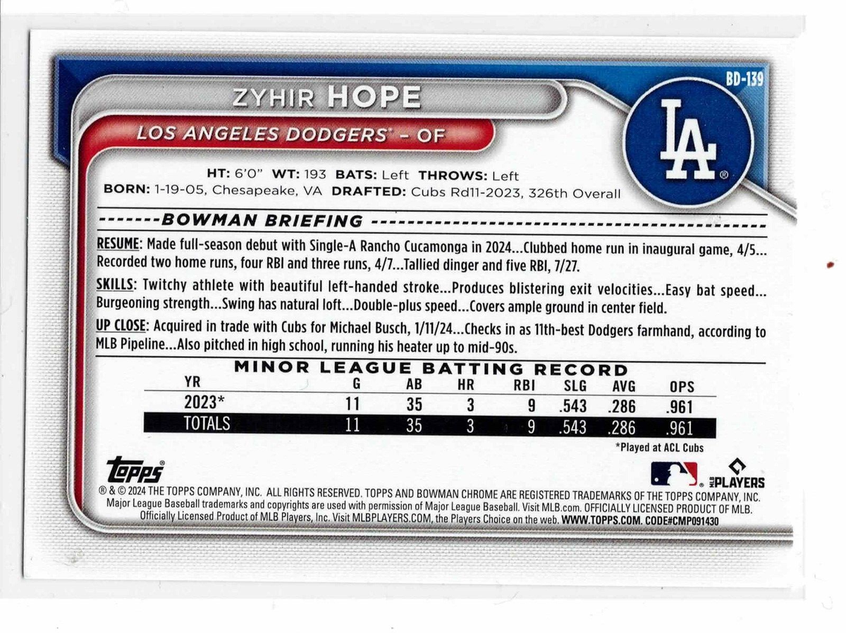 Zyhir Hope Los Angeles Dodgers 2024 Bowman Draft 1st Bowman | eBay