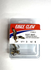 NEW Eagle Claw Treble Soft Bait Dough Hooks 374SBA-6, Size 6 Qty: 3, Made in USA