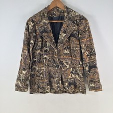 Vintage Unique blazer womens size S Ancient Egyptian print brown long slv 126054