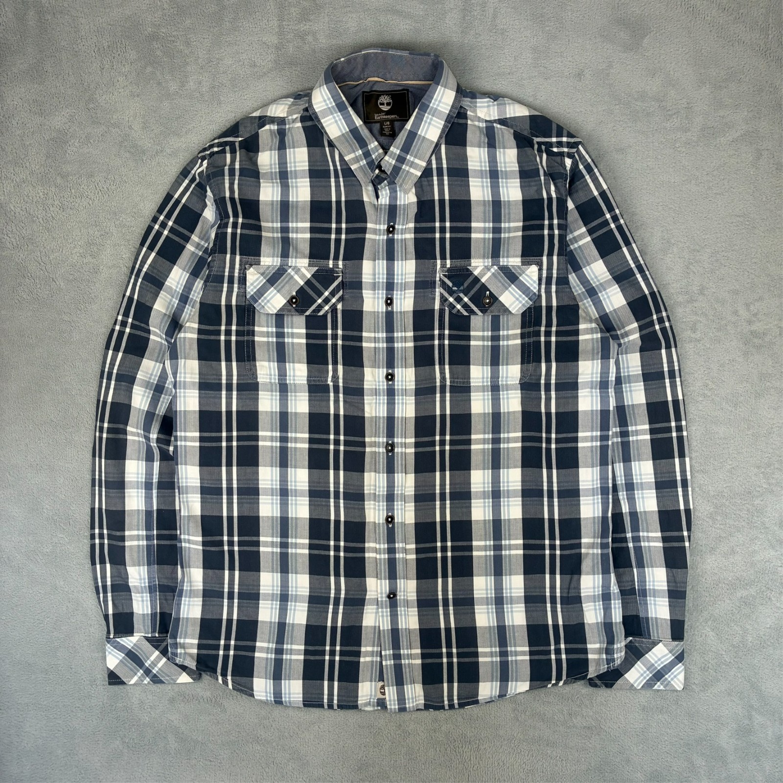 VTG Timberland Earthkeepers Blue Flannel Check Lrg Slim Fit L/S Button Up Shirt