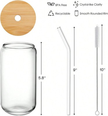 8 Pcs Glass Cups With Bamboo Lids And Straws, 16Oz Ice Coffee Cup, Drinking Cup