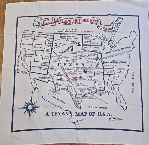 Rare 1950s Lackland AFB Texan's Map Linen Tablecloth: Humor Map Souvenir Textile