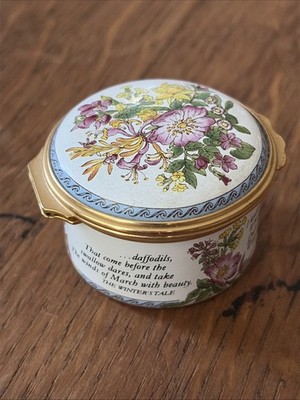 Halcyon Days Enamel Box ~ Daffodils Pansies Meadow Flowers Quotes Hamlet