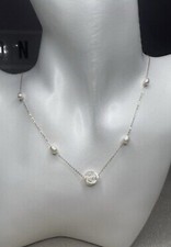Solid 18ct Dainty Freshwater Pearl Necklace With White Rose Mother Of Pearl