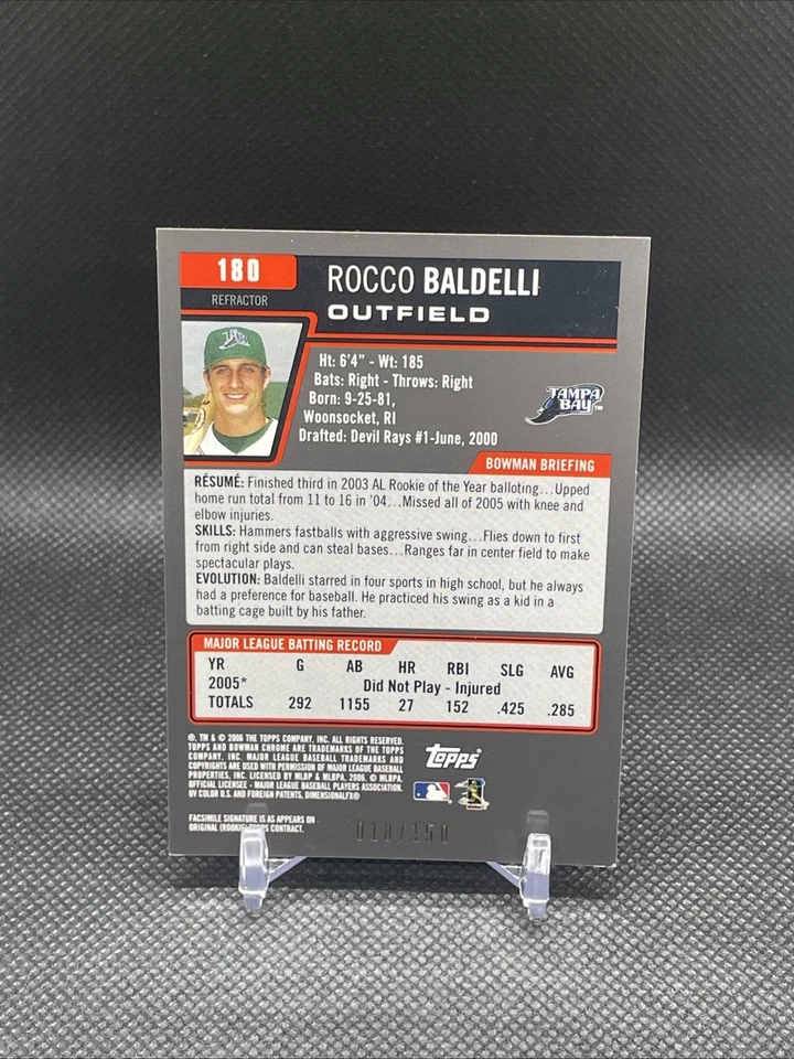 Rocco Baldelli 2006 Bowman Chrome Blue Refractor /150 #180 Tampa Bay Rays - Image 2 of 2