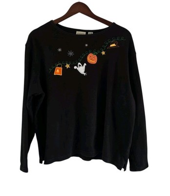 Classic Elements Womens Size 16 18 W Black Halloween L/S Shirt Top Pumpkin Ghost