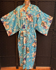 Sky Blue GEISHA KIMONO ROBE Large BELTED Long Bravo Japan Maxi Wrap Turquoise