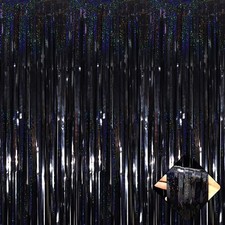 4 PCS 3.2x8.2 Ft Black Foil Fringe Curtain Backdrop Metallic Tinsel Streamers