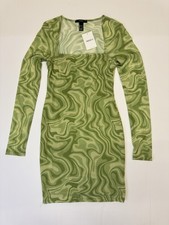 Forever 21 Green Swirl Mesh Bodycon Dress M Long Sleeve Y2K NWT