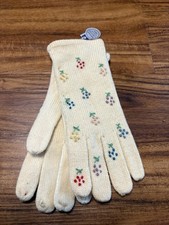 Vintage Ivory Knit Gloves with Flower Detail Hong Kong NWT Wool/nylon Mix