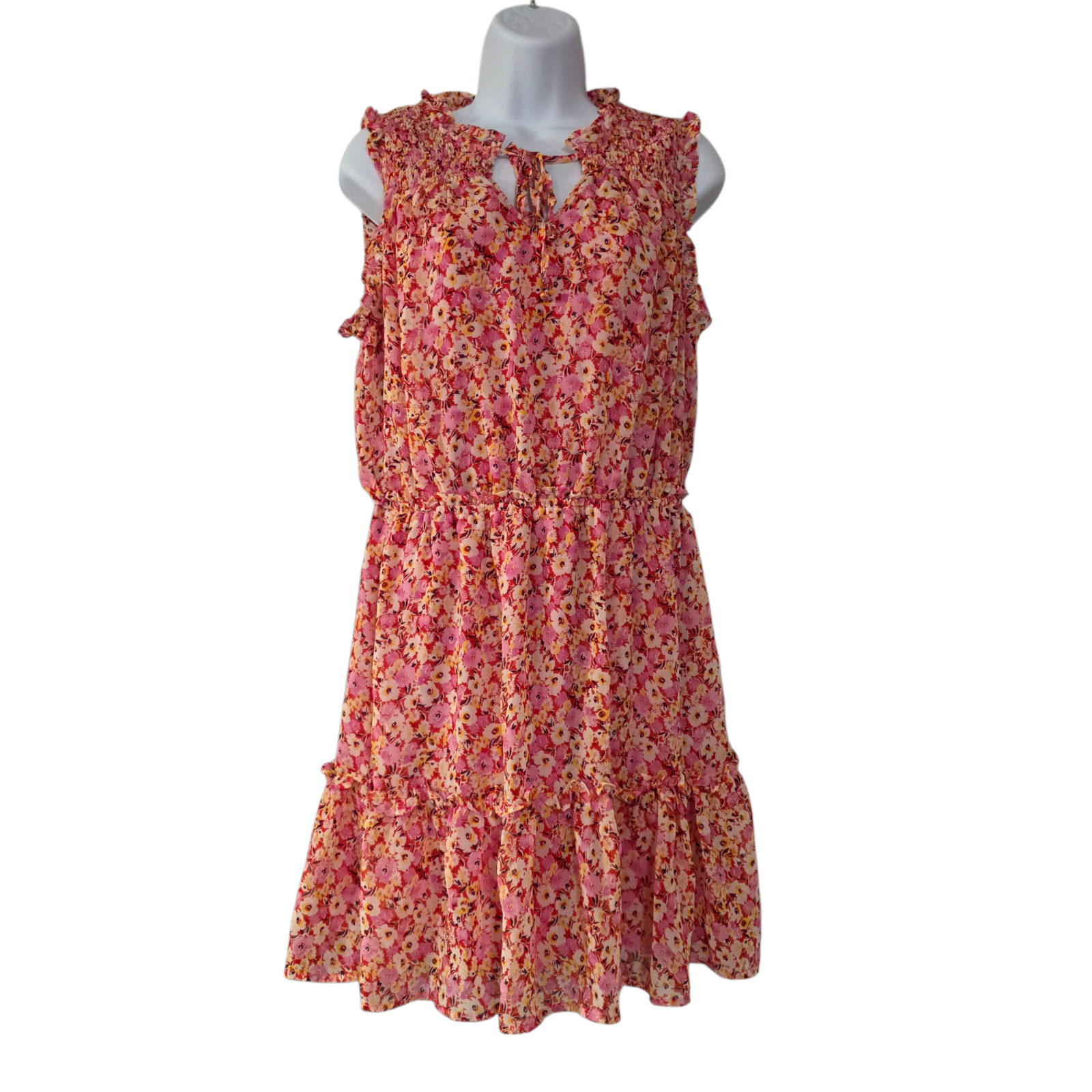 Bohemian Pink Floral Sundress for Women with Smocked Waist and Ruffles Size L-image