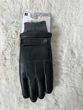Isotoner Faux Leather Gloves Black Men Large Smartouch Winter Warm Knit Cuff NWT
