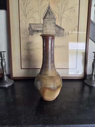 1995 Signed Roxanne Studio Pottery Vase 13.25" Stoneware Brown Gray Art Vintage