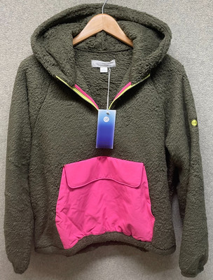NWT Outerknown Mens 1/2 Zip Pullover Hoodie Green Pink Cozy Soft Sherpa Fleece S