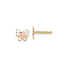 14k Yellow Gold Butterfly Stud Earrings Pink White Enamel Youth Jewelry Girls