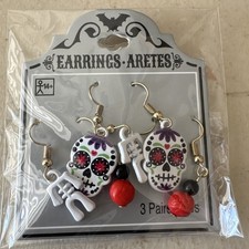 NEW Earrings Halloween 3 Pair Sets Skull Skel...
