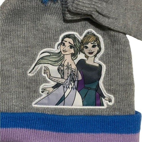 Disney 's Frozen Beanie Pom Hat Glove Set Metallic Grey Girls Stretchy Age 4-13 - Picture 2 of 16