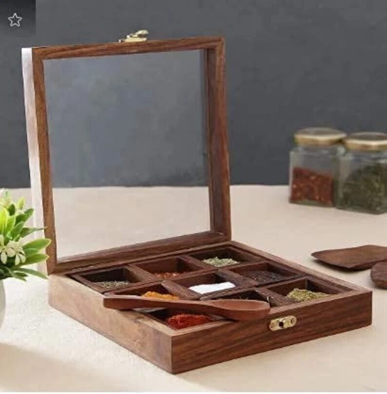 Square Shape Spice Box with Spoon in Shesham Wood for Kitchen 9 Container Jar