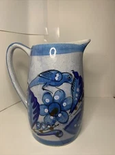 Vintage TONALA Pitcher Blue Bird & Flowers Hand Painted Mexico 7"