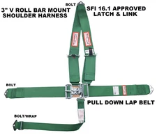 SFI 16.1 SEAT BELT 3" RACING HARNESS V STYLE LATCH & LINK BOLT IN 5 POINT GREEN