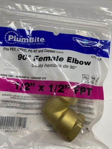 Jones Stephens C77431LF 1/2" FPT PlumBite Push On 90 Degrees - Brass - Picture 2 of 3