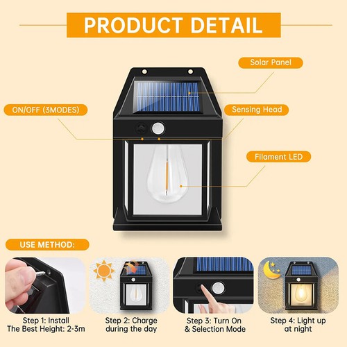 2X Solar Wall Light Tungsten Lantern Motion Sensor Outdoor Garden Security Lamp - Picture 13 of 13