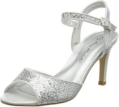 Anne Michelle GRÖSSE 4 5 7 SILBER GLITZER MITTELHOHER ABSATZ ANLASS SANDALEN SCHUHE NEU MIT ETIKETT