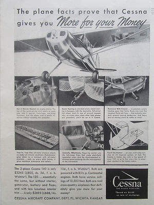 11/1946 PUB CESSNA AIRCRAFT WICHITA FLUGZEUG CESSNA 120 140 FLUGZEUG ORIGINAL ANZEIGE